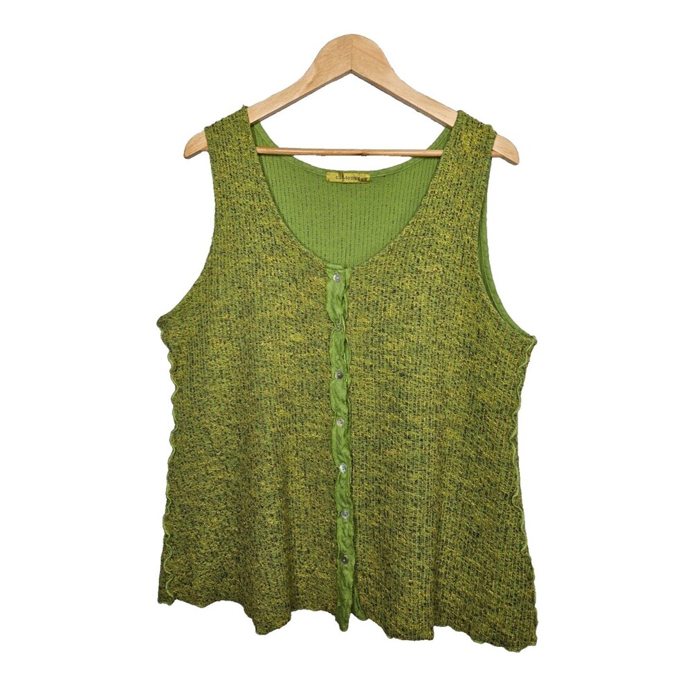 CUT LOOSE Tank Top Large Button Up Textured Green Lagenlook Artsy Relaxed Fit